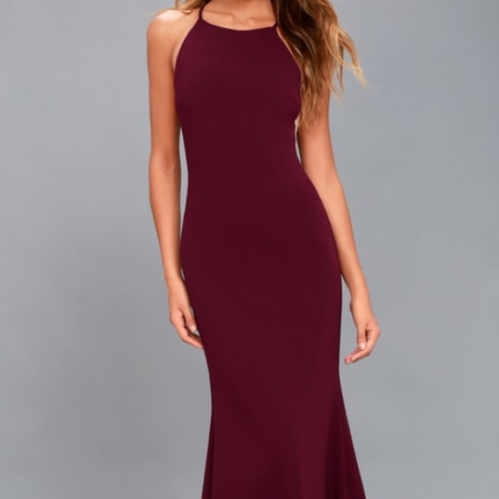Burgundy color, form fitting, Maxi dress